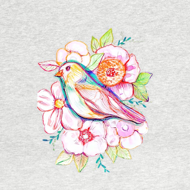 floral bird illustration with rainbow colors, peonies, pink flowers, pink bird, cute illustration by chandelier2137